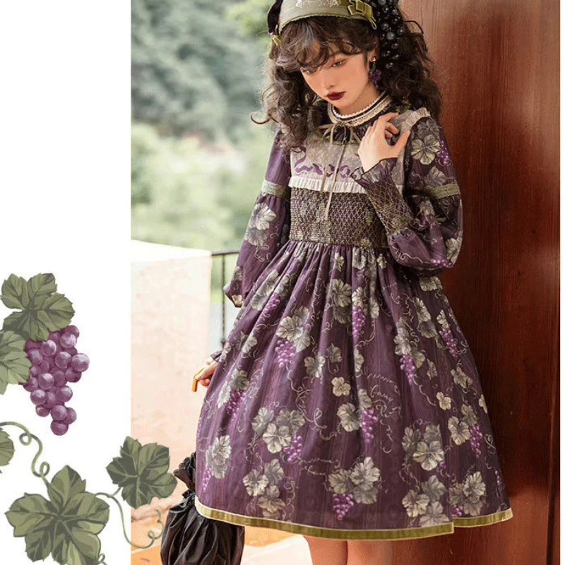 Retro Victorian Lolita OP Dress Gothic Women Chic Grape Print Long Sleeve Princess Dress Elegant Girly Harajuku Y2k Party Dress