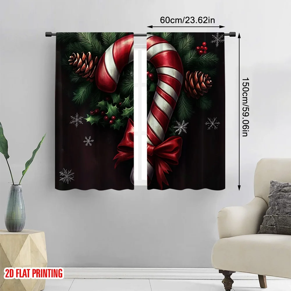 2pcs,2D plane printing Popular Curtain Panels Christmas Candy Cane Pinecone Bow (2) 100% Polyester (without rod) Holiday for