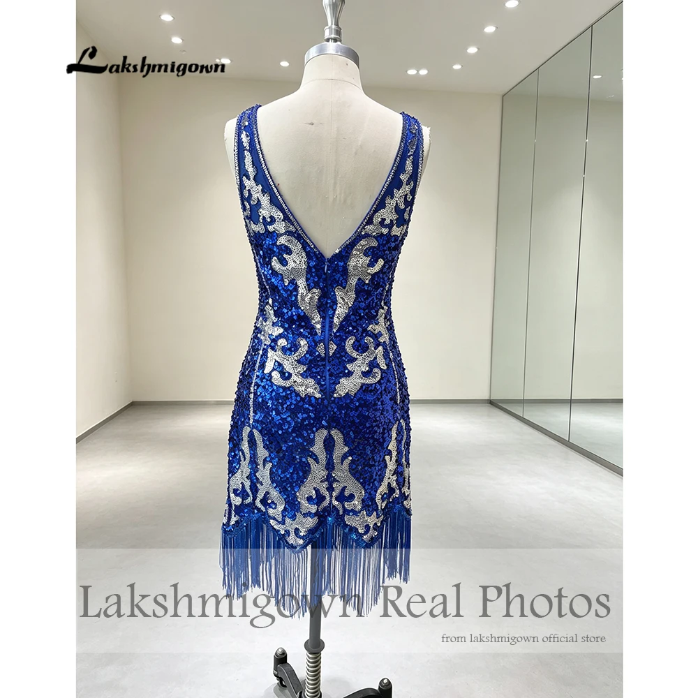 Retro-blaues Paillettenkleid mit asymmetrischem Saum und Fransen, kurzes Homecoming-Kleid, hübsches kurzes Partykleid – Detail 6