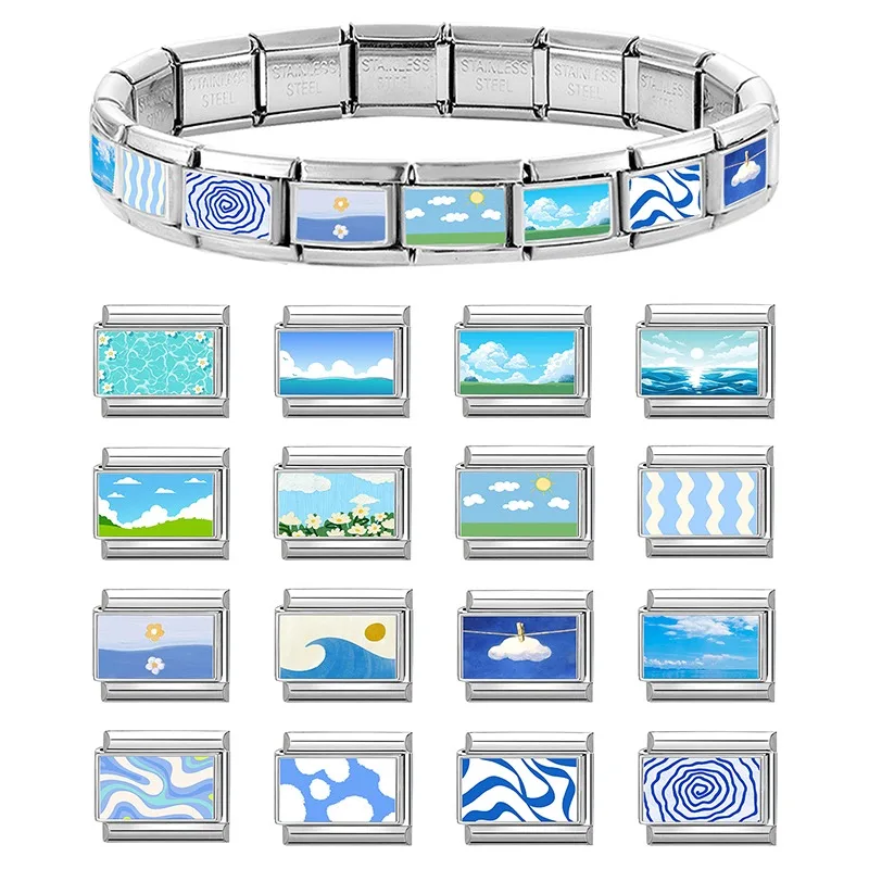 2025 Fashion Beautiful Sky Sea Grassland Cloud Sun Blue Charm Italian Links Fit 9mm Stainless Steel Bracelet Making DIY Jewelrys