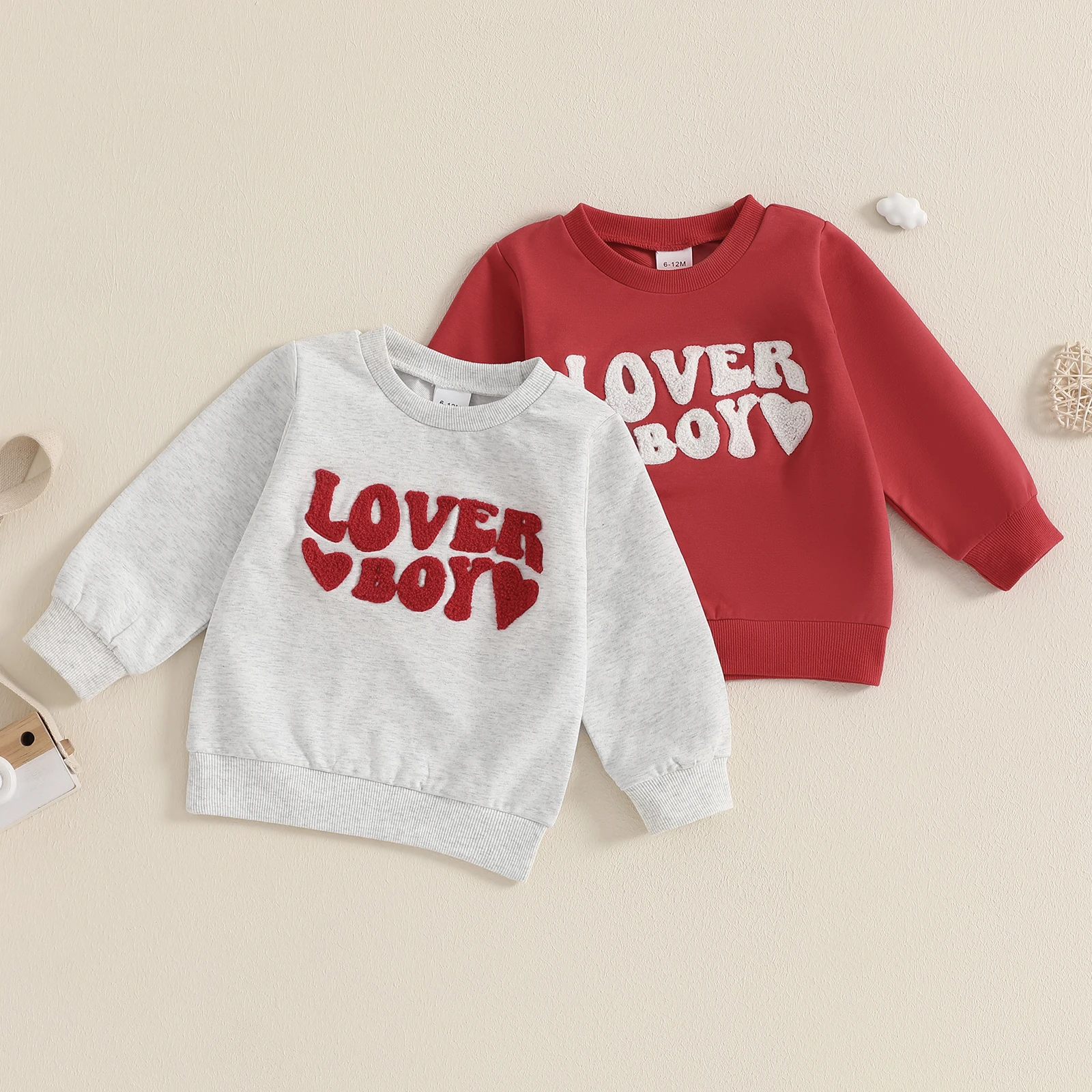 FOCUSNORM 0-4Y Valentines Days Kids Boys Sweatshirt T Shirts Long Sleeve Crew Neck Hoodie Letters Heart Embroidery Pullover Tops