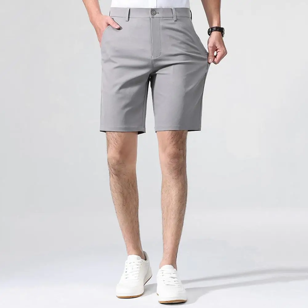 Regular Fit Men Shorts Men's Solid Color Casual Suit Shorts with Pockets Elastic Waistband Breathable Fabric for Daily for A