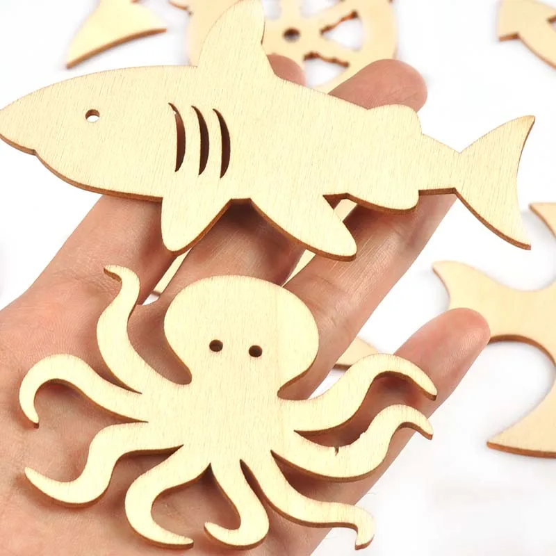 10Pcs 7-11cm Shark/Octopus/Starfish Embellishment DIY Scrapbooking Handmade Supplies Kids painted Blank wood Crafts Home Decor
