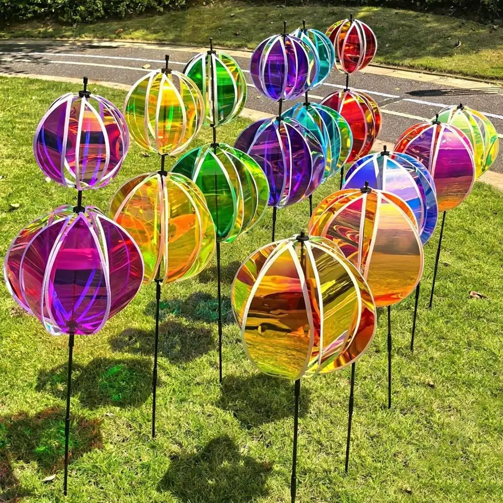 Sparkling Stripe Reflective Garden Pinwheels Rainbow Color With Stakes Bird Repellents Rotating Ball Colorful Film