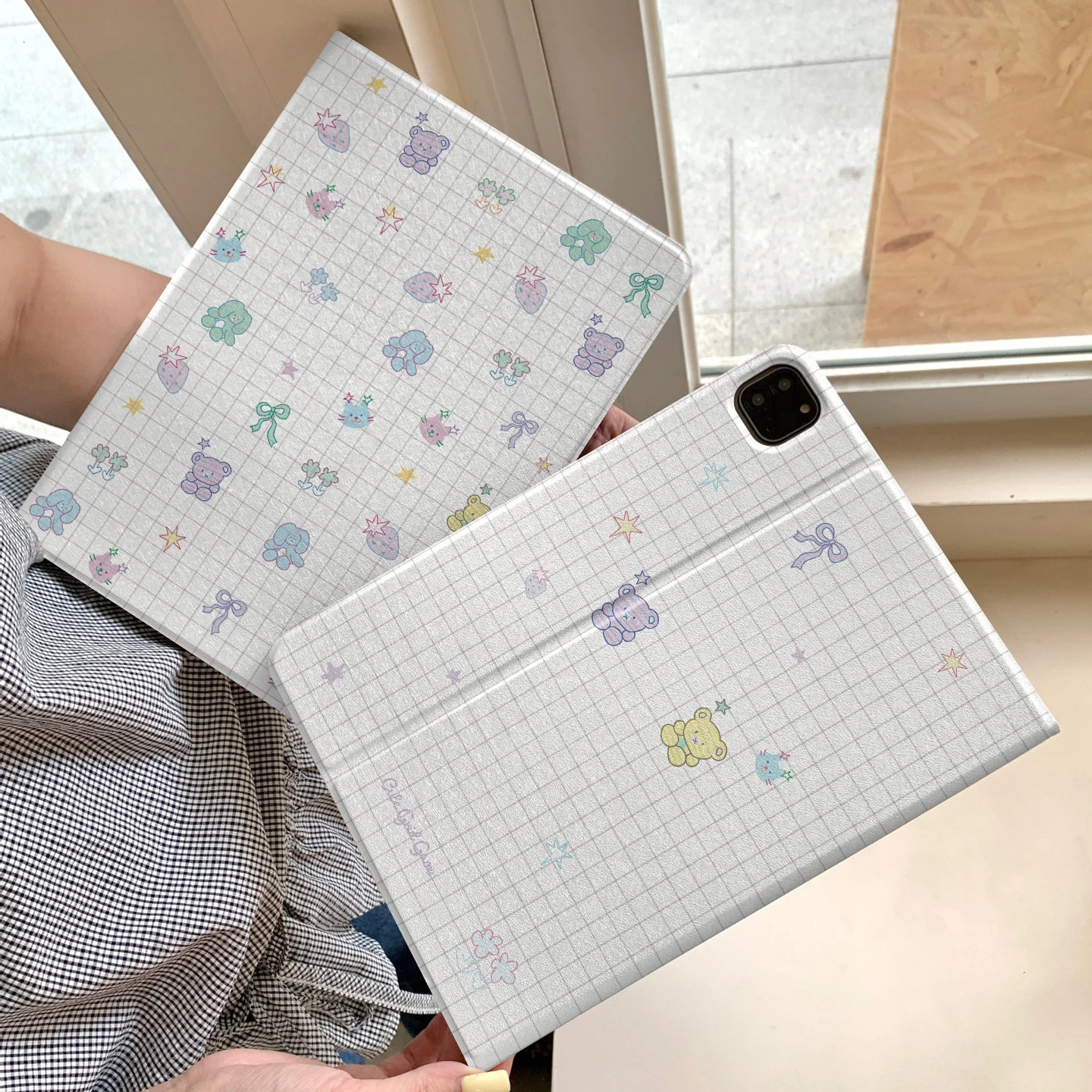 Ins Line Grid Animal Doll All Inclusive Shell For iPad Pro 13 11th M5 M4 12.9 A16 10 8 7 9th 10th Air 11 M2 M3 Mini Tablet Cover