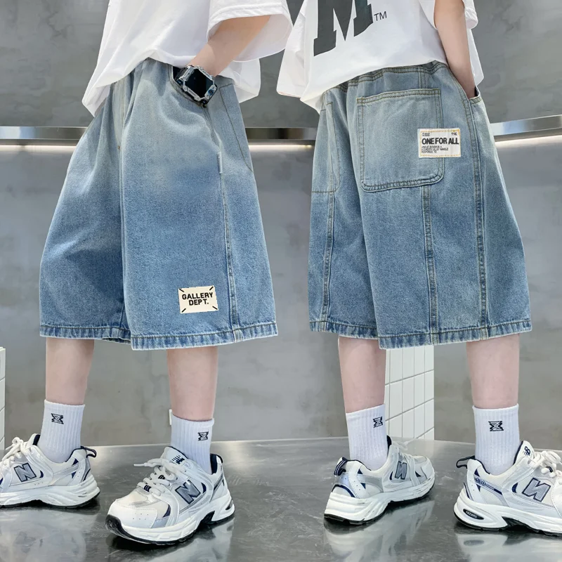 New Summer Children Loose Casual Gradient Blue Jean Shorts for Teenager Boys Baggy Denim Shorts Kids Street Knee Length Pants