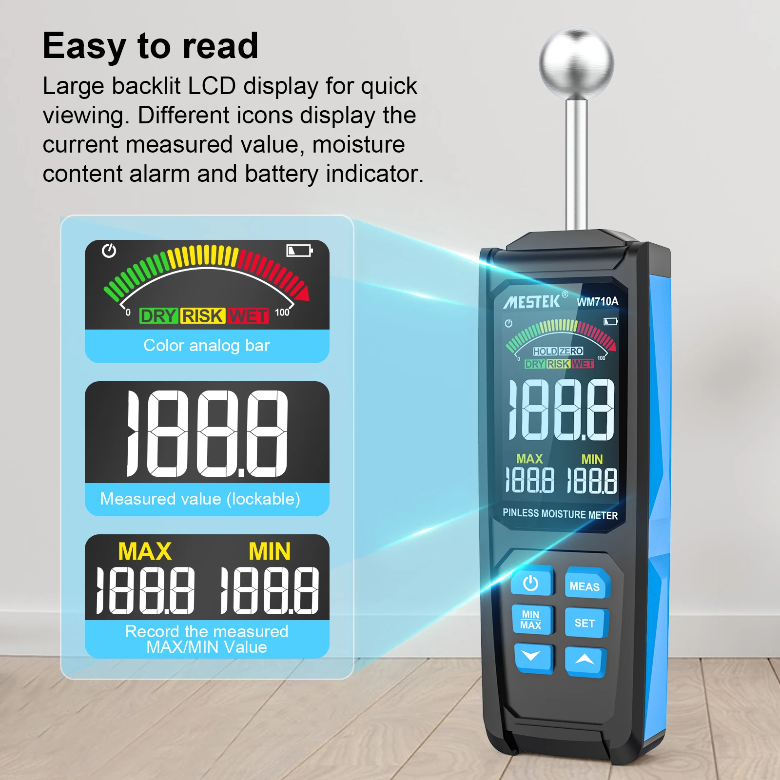 WM710A Digital Wood Moisture Meter Non-destructive Spherical Hygrometer Record Humidity Auto Detect Wettest Timber Damp Detector