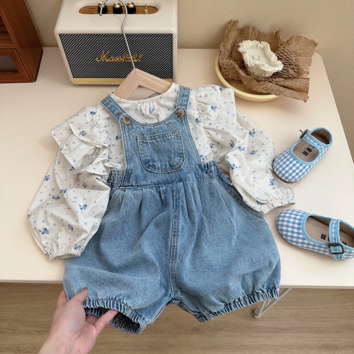 Children Girl Clothes Set 2-7Years Princess Kids Long Sleeve Flower Tops+Denim Suspender Shorts 2PCS Party Set New Spring Summer