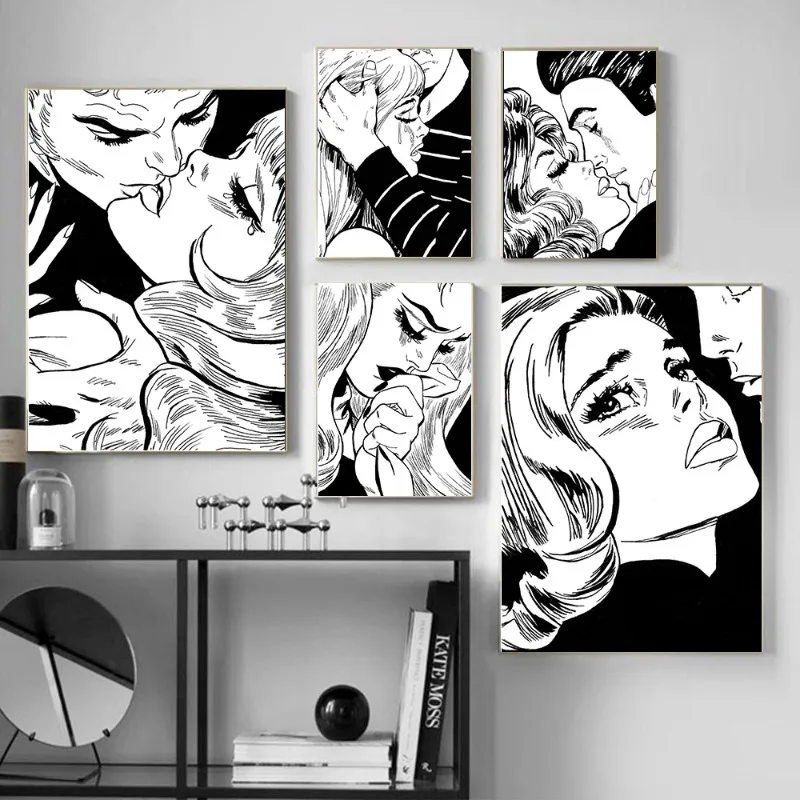 Black-white Tragic Caricature Poster Women Sad Weep and Kiss Prints Canvas Painting Wall Art Pictures for Living Room Home Decor