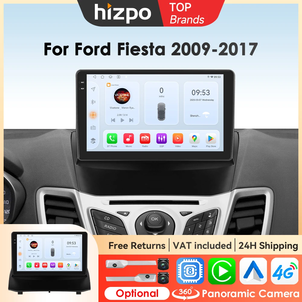 Dispositivi elettronici per auto Hizpo da 9 pollici per Ford Fiesta 2009 - 2017 Lettore multimediale Radio CarPlay 4G Unità principale di navigazione GPS WIFI