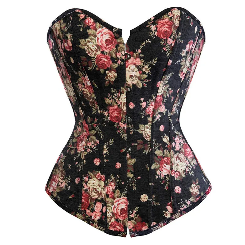 Fashion Corset Women's Vintage Floral Denim Corset Bustie Overbust Burlesque Sexy Lingerie Top Waist Cincher Body Shaper Blue