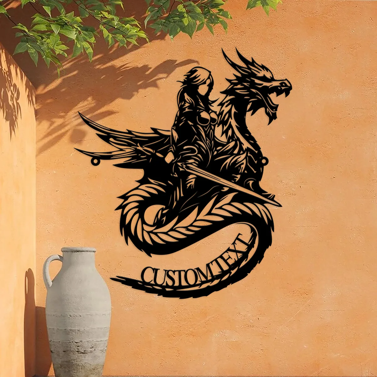 

Custom Anime Cartoon Fierce Female Knight Riding Dragon Metal Wall Art Hanging Decorations for an e-sports gaming room Sign