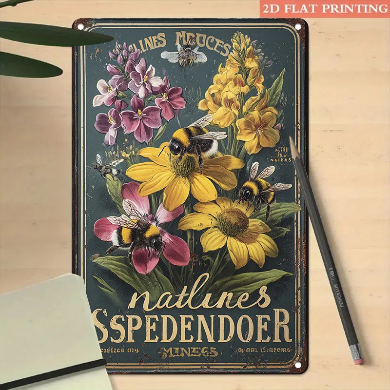 Aluminium-Metallschild, Vintage-Wandkunst mit Bienen- und Wildblumenmotiv, dekorative Plakette für rustikale Bauernhaus-Heimdekoration