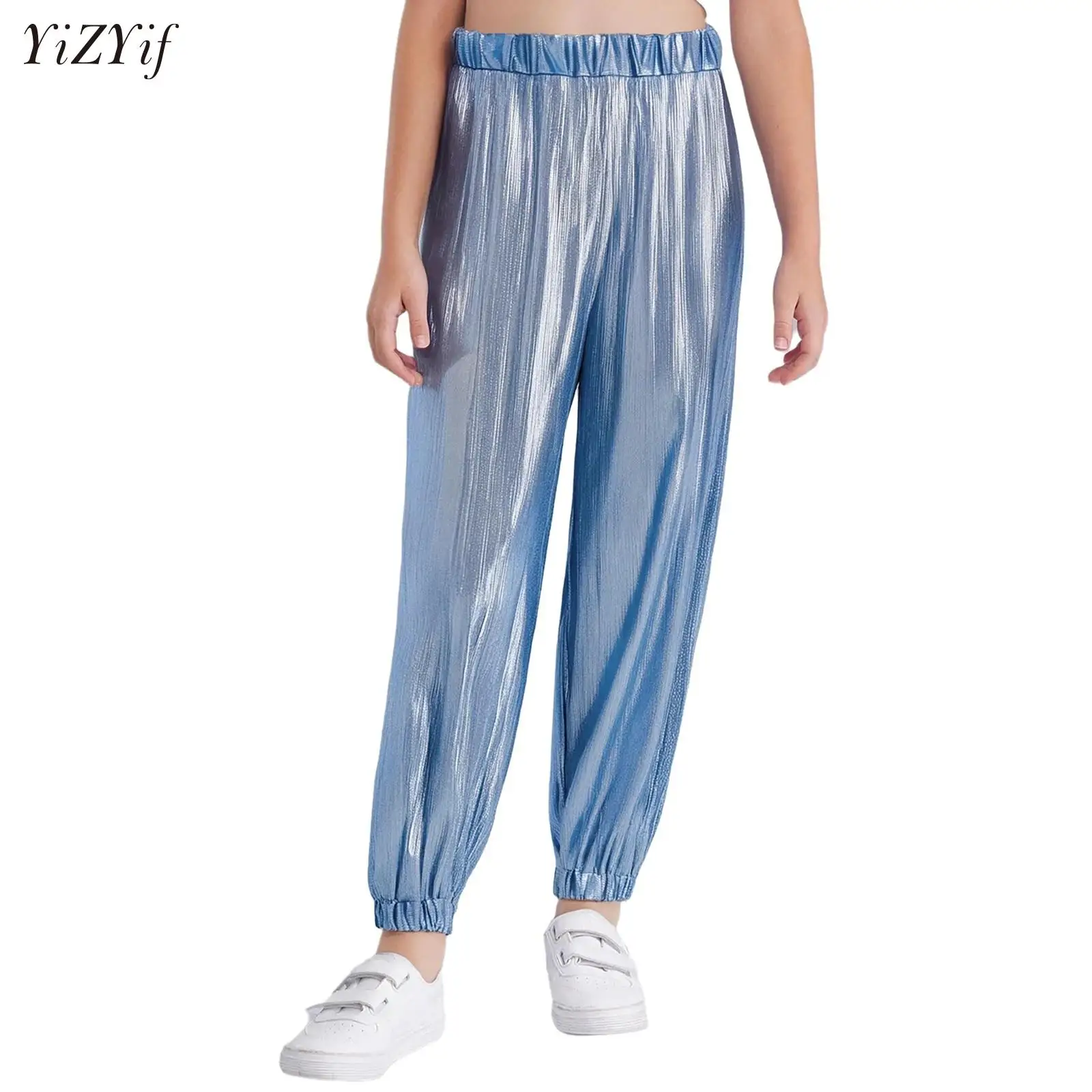 

Kids Jazz Street Dance Costume Boys Girls Ribbed Harem Pants Shiny Metallic Trousers Disco Party Stage Performance Dancewear
