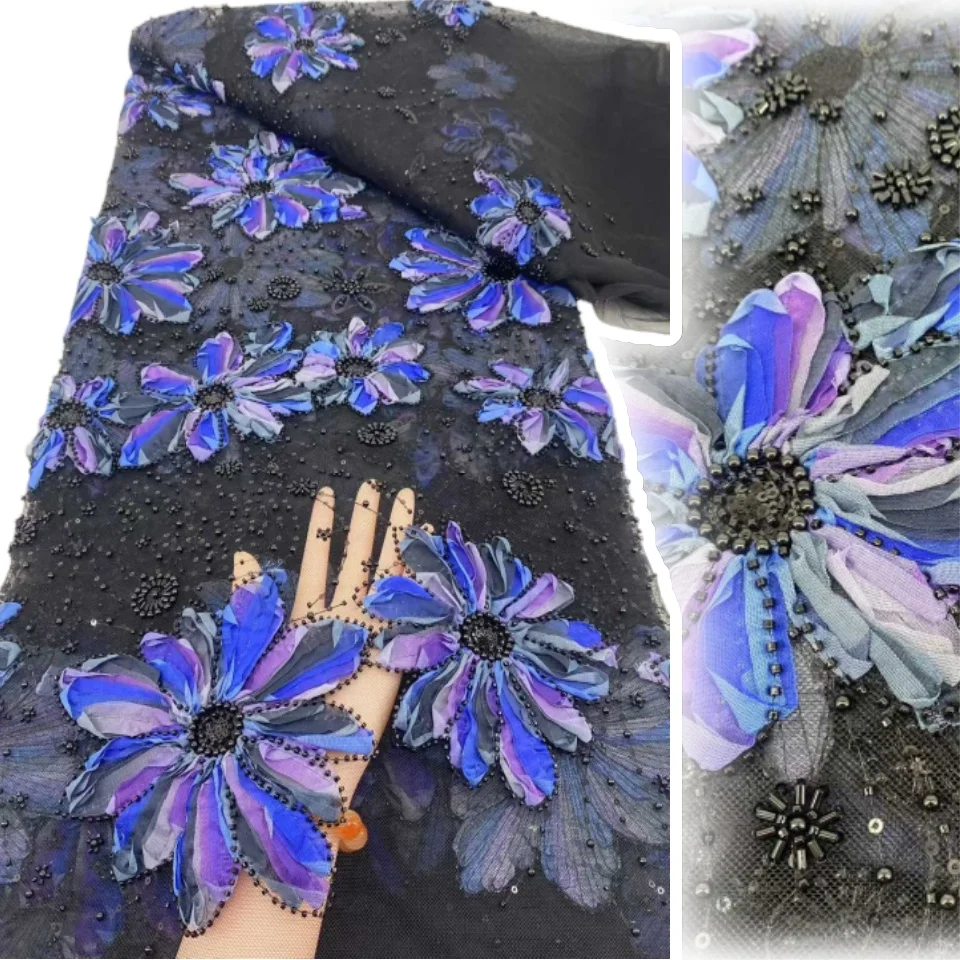 

Teal Green African 3D Embroidered Flower Mesh Beads Fabrics Sequins Nigerian Wedding Dress Embroidery Clothing Fabric CC1622