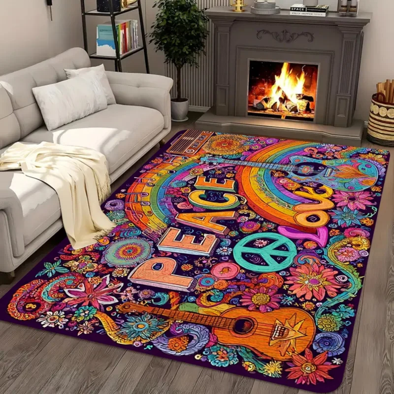 VIKAMA Hippie Peace & Love Area Rug, Non-Slip Washable Boho Carpet, Colorful Retro Guitar & Rainbow Print Floor Mat Living Room
