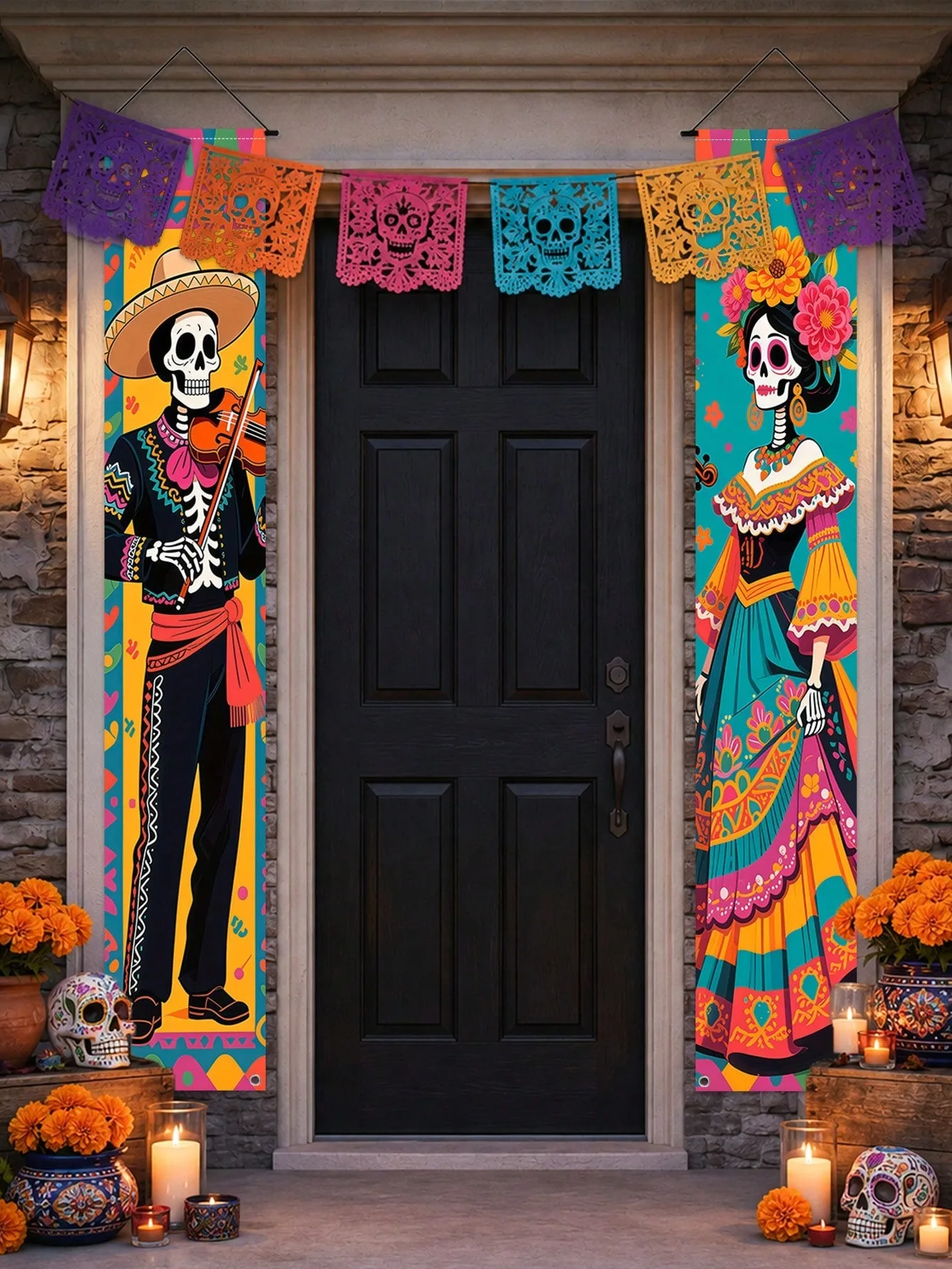 Tag der Toten Veranda-Banner-Set: Mariachi-Mann, Catrina, Zucker-Schädel Vertikale Hängeflaggen für Mexikanische Halloween-Party Frontdekoration – Detail 6