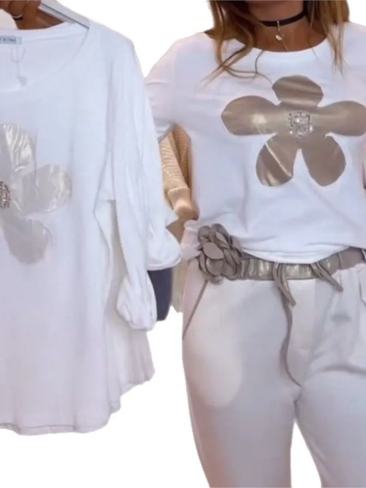 Spring Summer Women's New White T-shirt With Fashionable Flower Pattern Design Loose Casual Long Sleeves