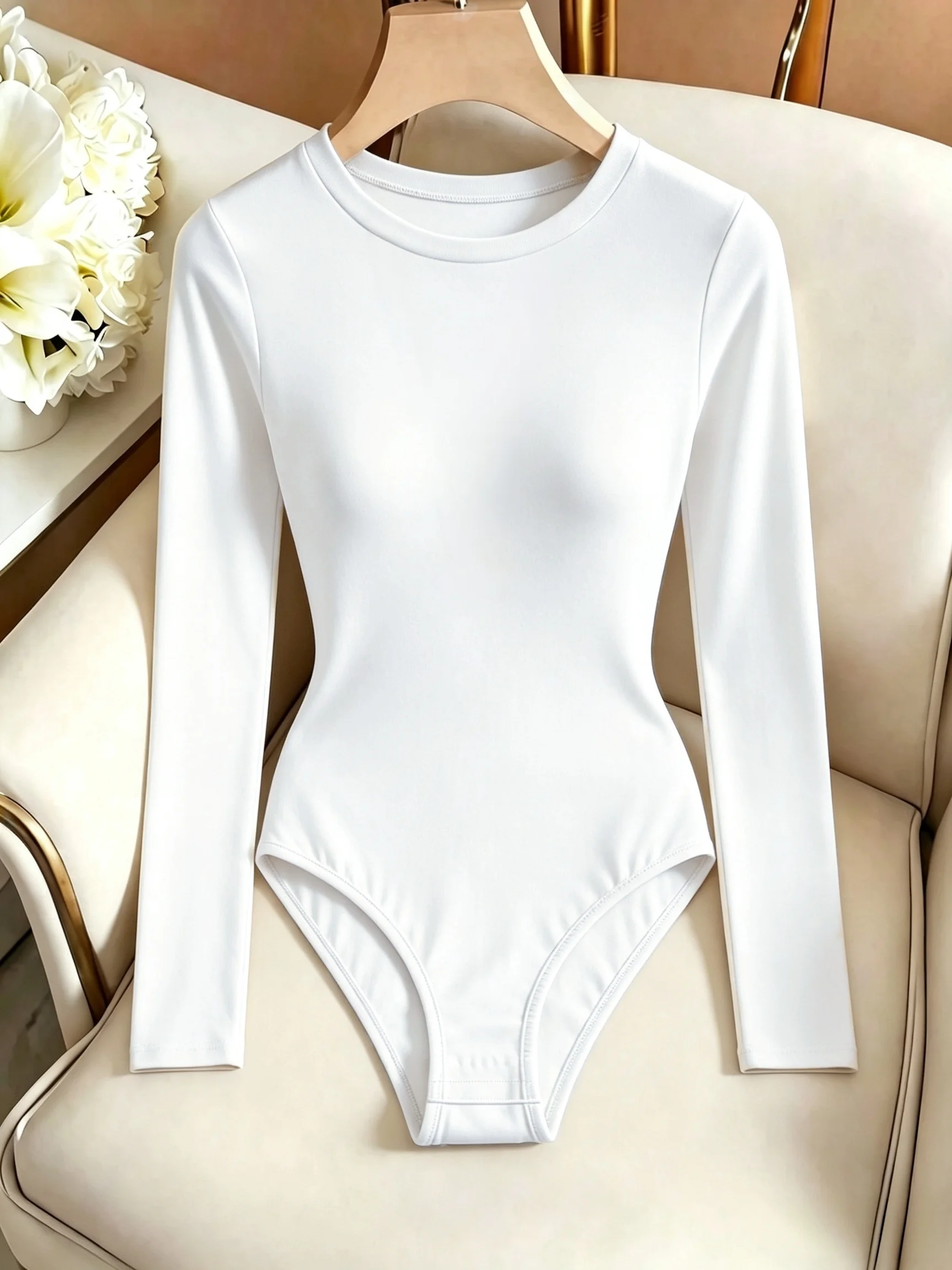 Damen-Body mit Rundhalsausschnitt und langen Ärmeln, hoch geschnitten, schmal geschnitten, figurbetont, Y2K, sexy, lässig, Basic, einteiliges Oberteil – Detail 13