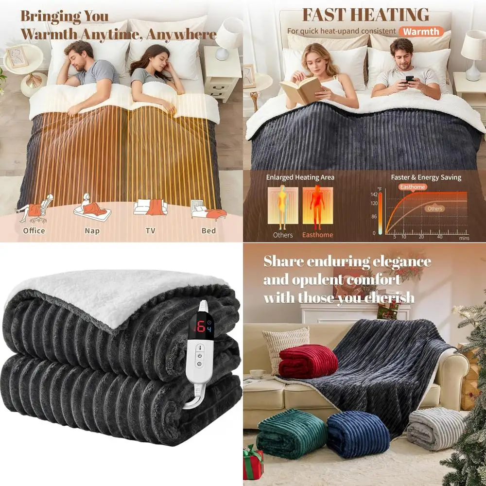 

Queen Size Electric Blanket 84x90 - 6 Heat Settings, 10-Hour Timer, Ribbed Flannel, Overheat Protection, Dark Gray