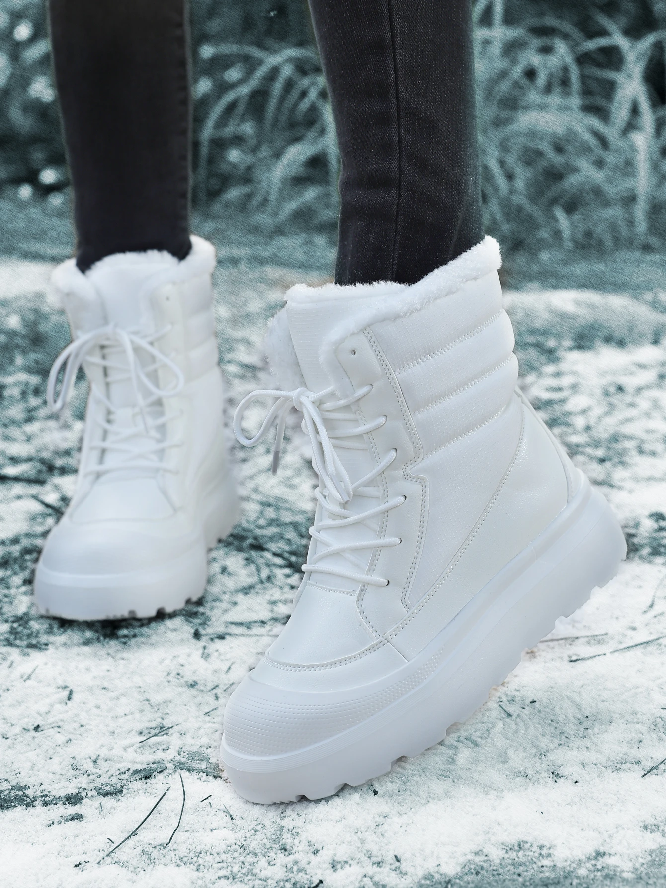 

Winter Snow Boots Women Boots Fluffy Lace Up Middle Calf Platform Flat With White Boots