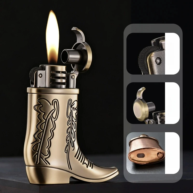 New Metal Mini Retro Boot Shaped Lighter Windproof Refillable Portable Outdoor Personalized Lighter for Men Cool Smoking Gift