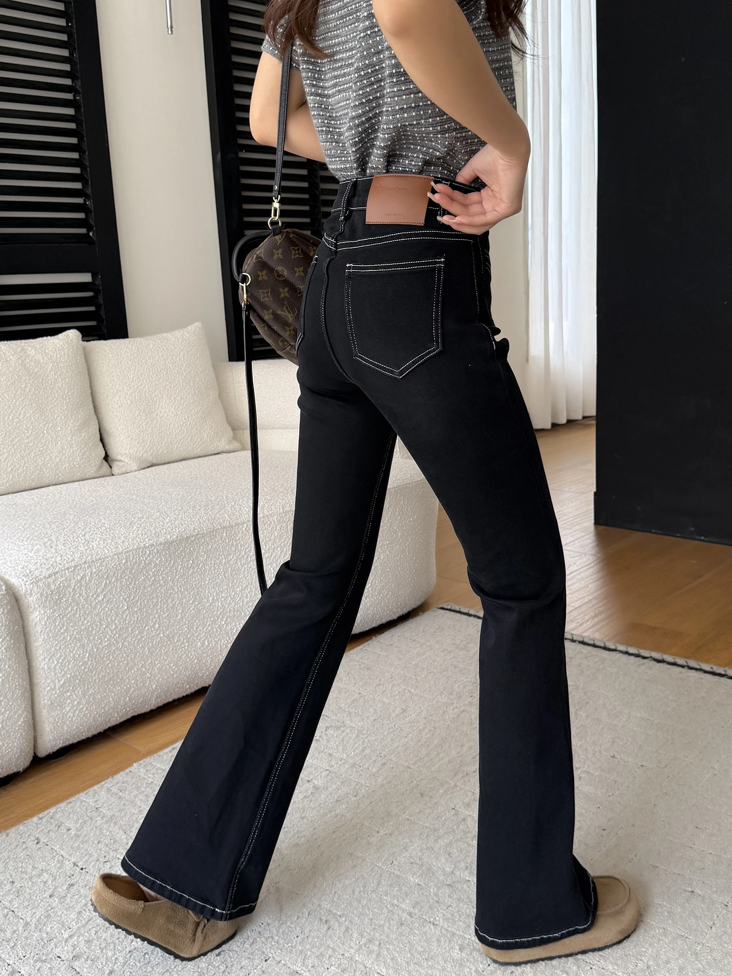 

High Waist Flared Jeans Women's Slimming Wide Leg Pants Spring Season Bla Color Simple Sle High Elastici Cotton Denim