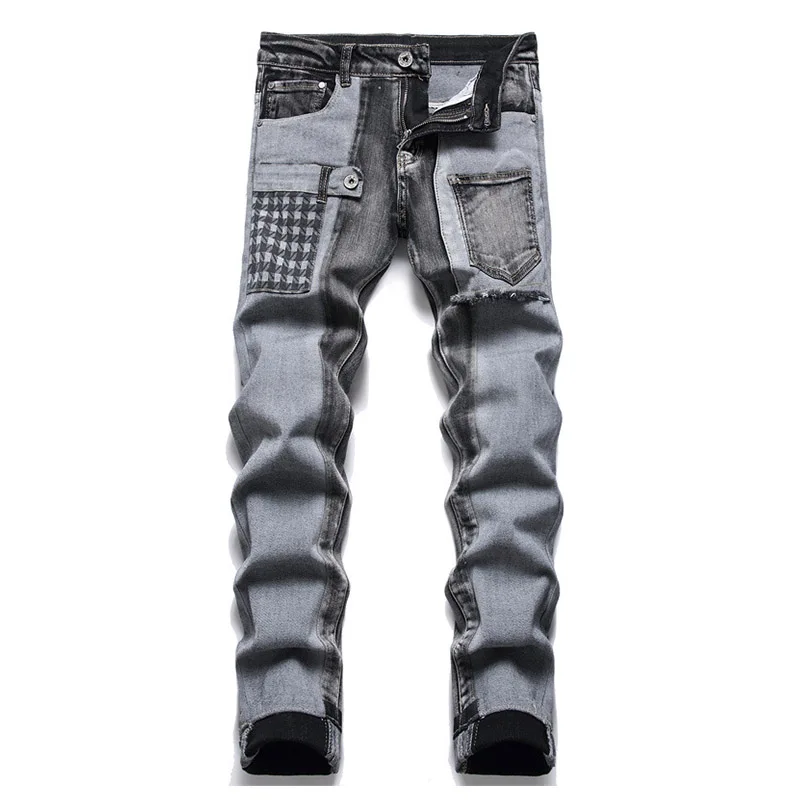 

Mcikkny Men Vintage Biker Casual Jeans Pants Multi Pockets Streetwear Denim Trousers Patchwork