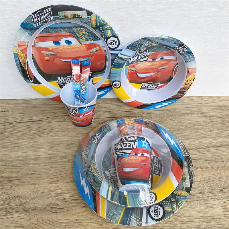 McQueen Cars cartoon animation creative fashion stoviglie set da cinque pezzi piatto tazza ciotola forchetta cucchiaio resina melamina materiale