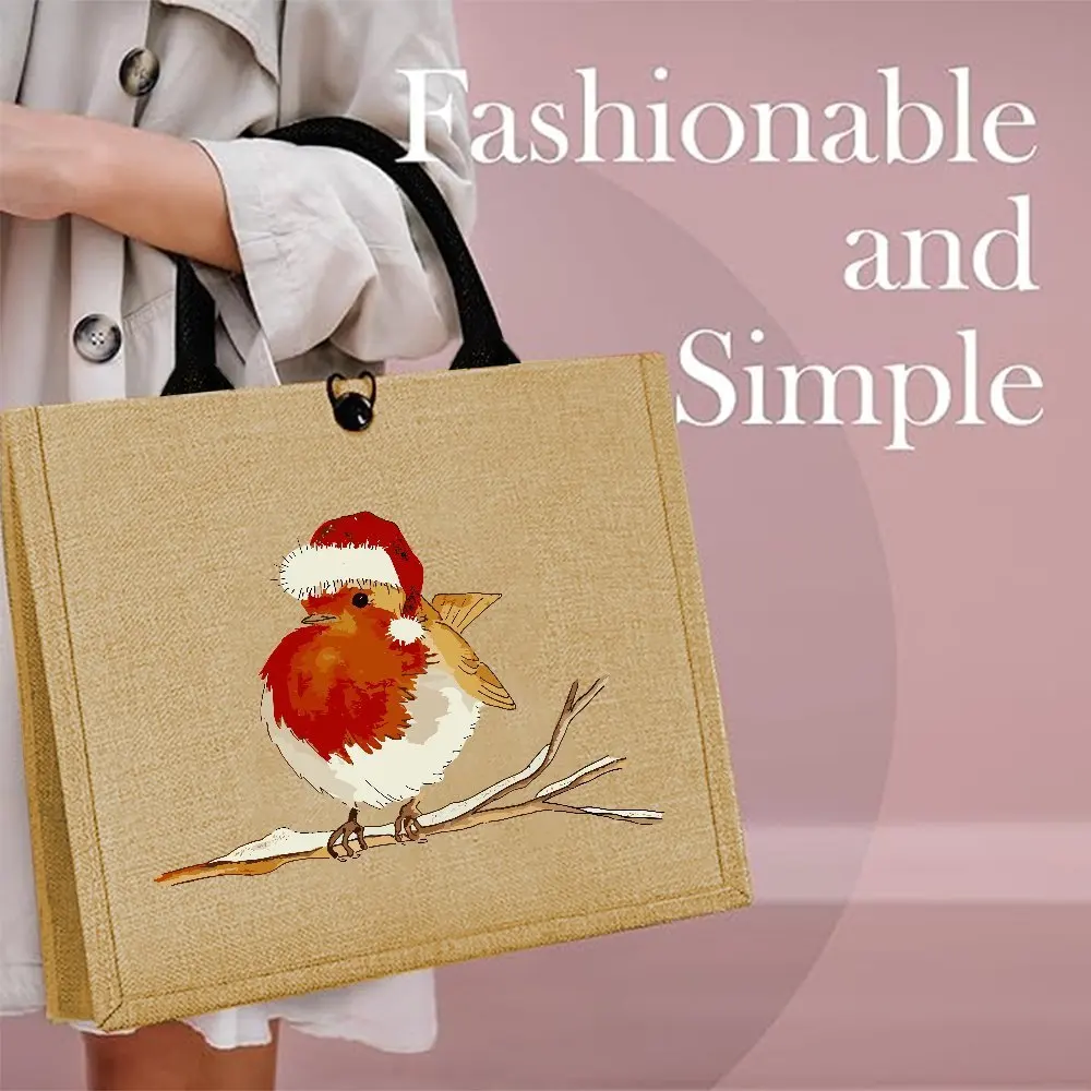 Christmas Robin Bird Santa Hat Print Linen Tote Bag Winter Snow Branch Graphic Reusable Shopping Handbag Xmas Holiday Gift Bag