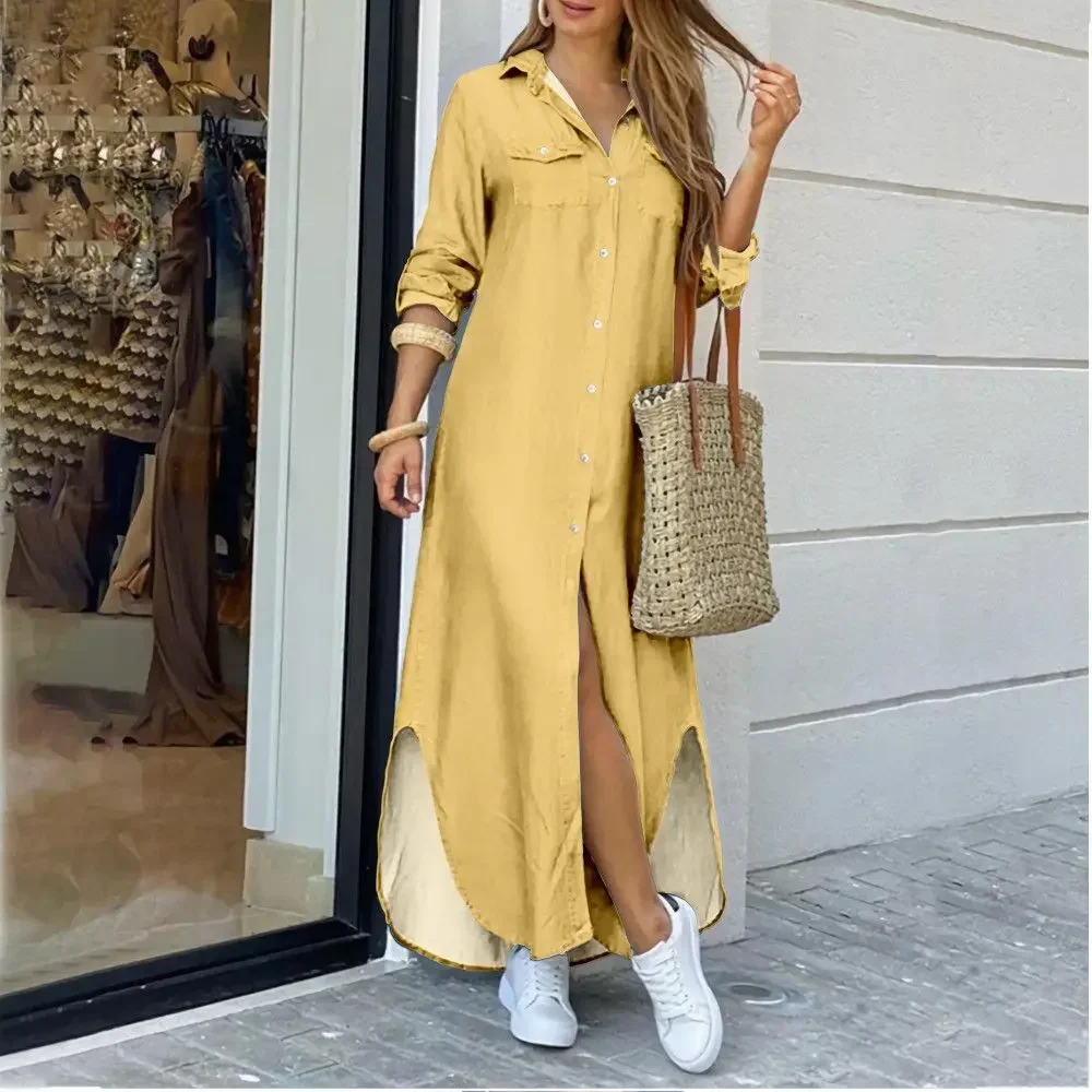 Abito camicia lunga casual Autunno Donna Manica lunga Abiti maxi Laides Colletto rovesciato Abiti da ufficio Vestito estivo ampio Robe Longue