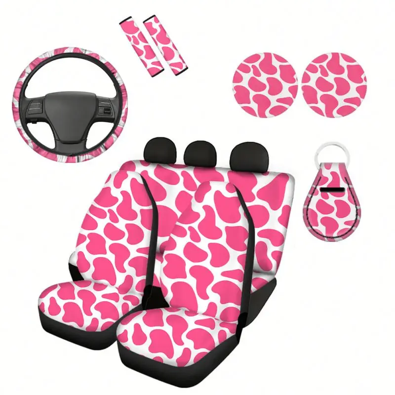 Pink Cow Pattern Print Car Seat Covers Full Set Front and Back Seat Covers Rear Split Bench Protector Universal Seatbelt Covers