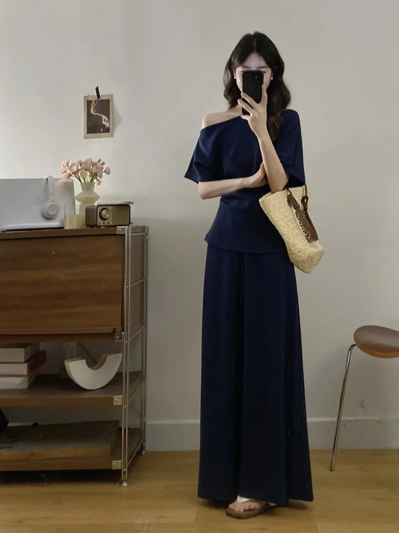 

plus Size Summer Commute Slimming Shoulder Top And Skirt Set in Dark Blue Casual Fashion Women's Ensemble Breathable Short Sl...
