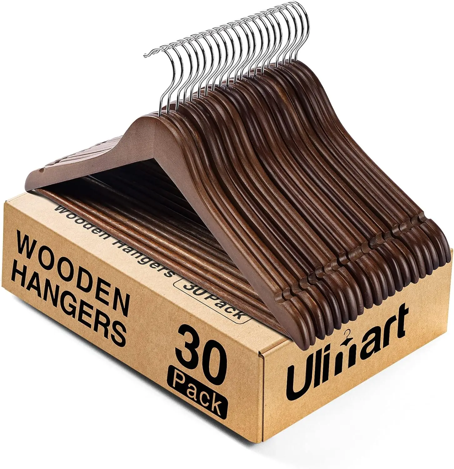 Wooden Hangers Hangers 30 Pack Wood Solid Wood Clothes Hangers with Bar Coat for Closet（Walnut）