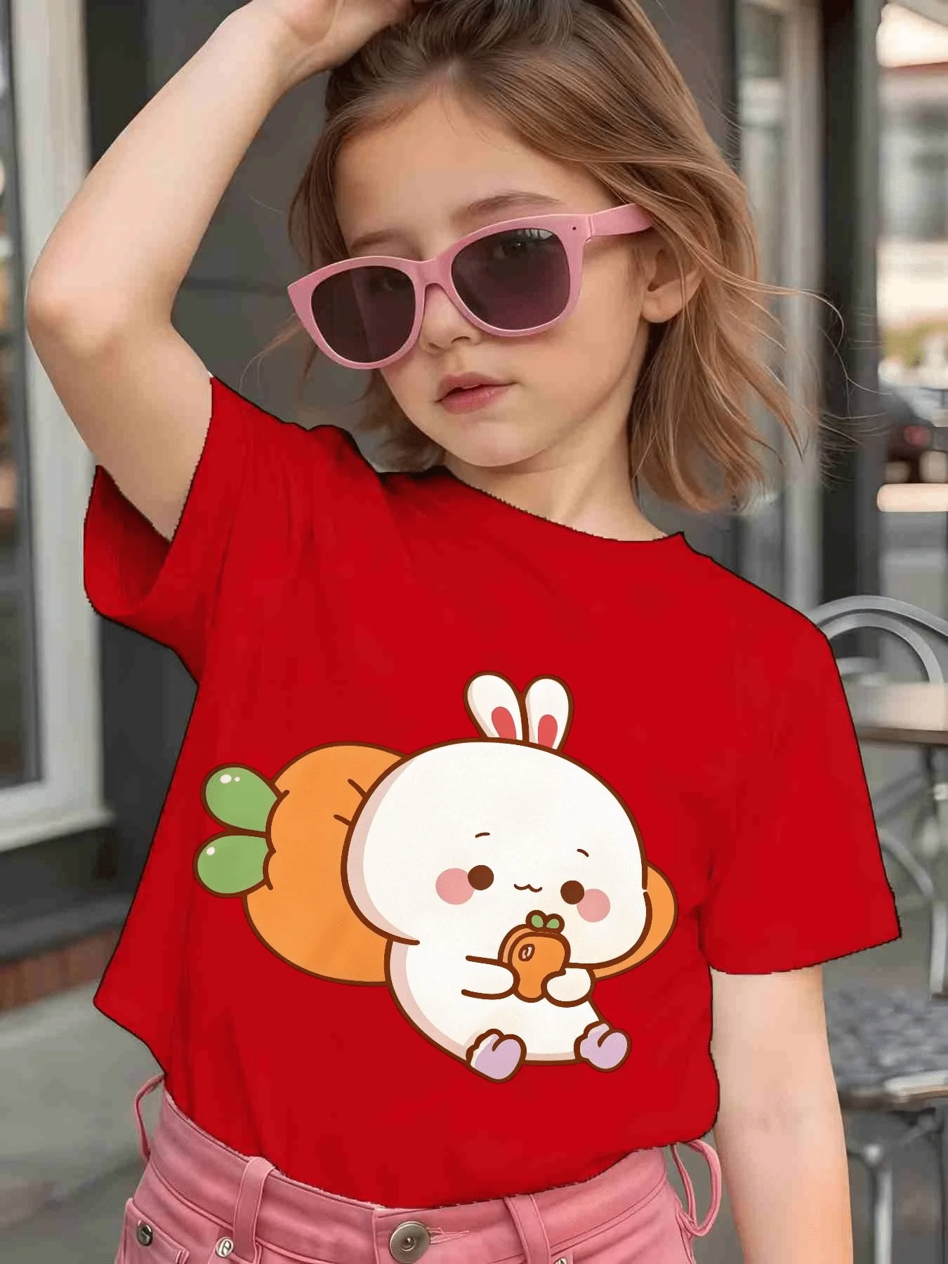 Chubby Rabbit Carrot Print Kids T Shirt Cotton Short Sleeve Boys Girls Parent Child Matching Summer Daily Soft Casual Tees