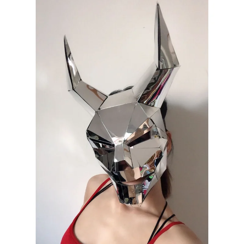 Cosplay Leopard Tiger Helmet Rave Animal Headdress Music Festival DJ Mask Club Dance Props Silver Mirror 3d Horned Demon Mask