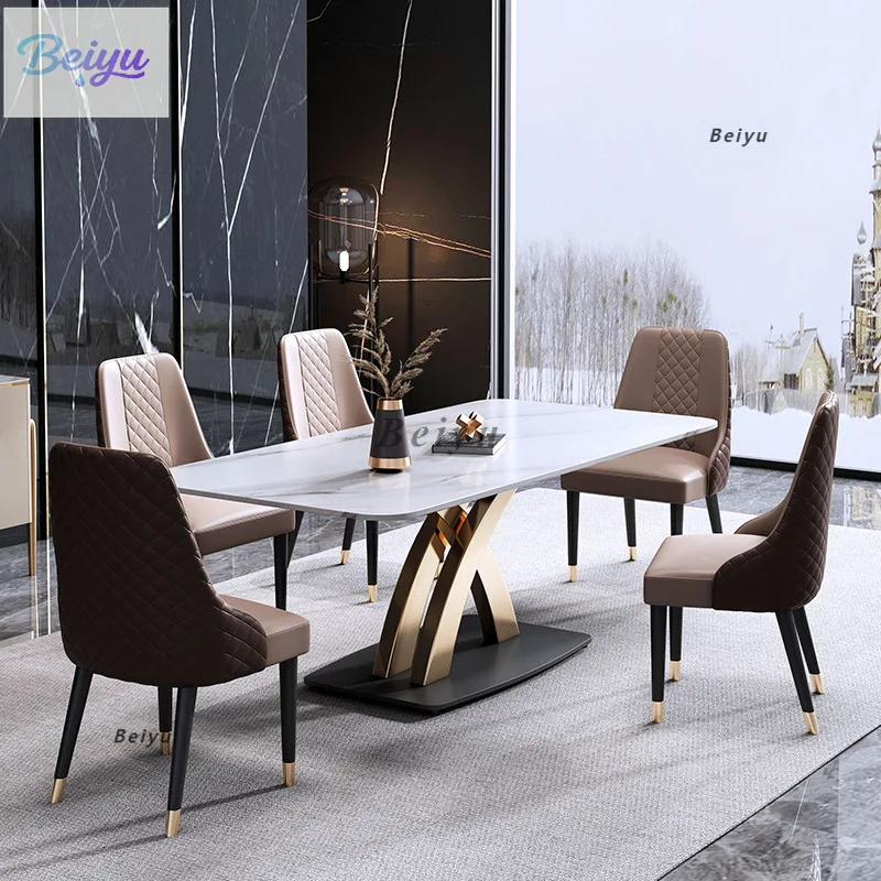 

High-end light luxury hardware marble rock slab dining table simple stainless steel luxury stone Internet celebrity home bracket