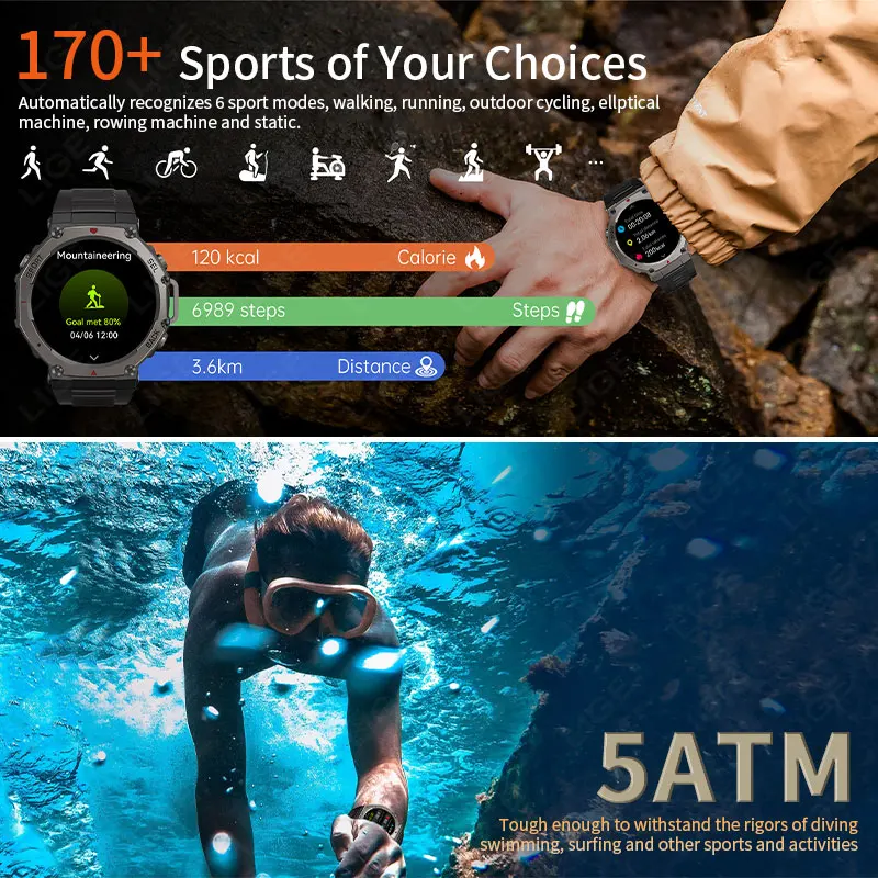 LIGE 5ATM impermeable 500mAh batería de doble banda GPS reloj inteligente 2025 nuevo altímetro brújula BT llamada deportes al aire libre Smartwatch hombres
