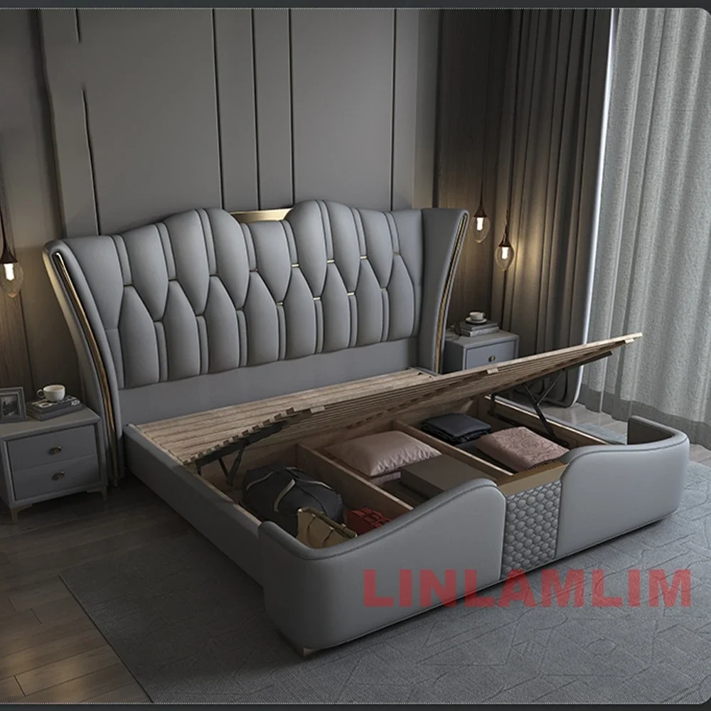 Linlamlim Luxury Modern Upholstered Bed Frame with Gold Accents, Genuine Leather Designer Bed, Queen/King Size Bedroom Furniture