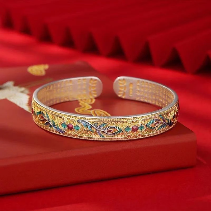 

Authentic 999 pure phoenix feather enamel with gold-painted floral vine, vintage style, elegant silver bracelet