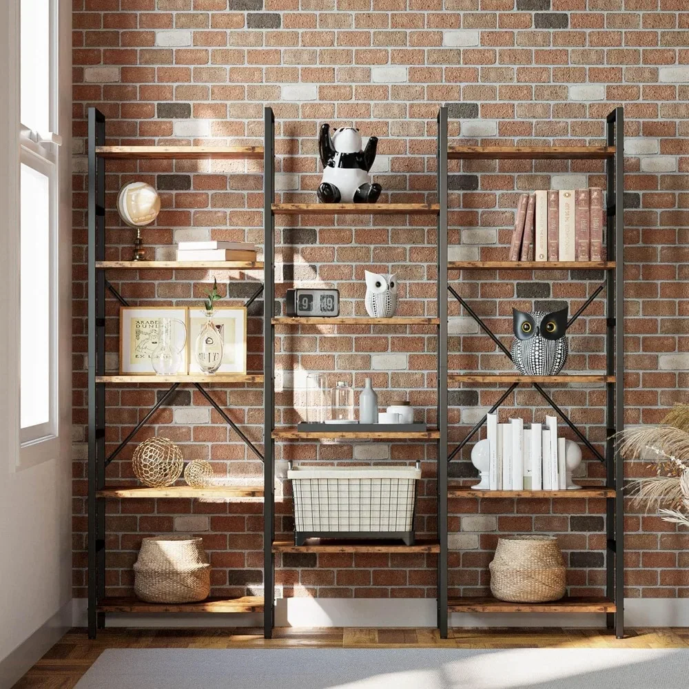 Bookcases and Bookshelves Triple Wide 5 Tiers Industrial Bookshelf,Open Display Shelves with Metal Frame for Living Room Bedroom