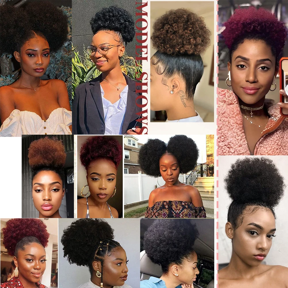 Ekstensi ekor kuda dengan tali serut Afro Puff untuk wanita warna hitam 100% rambut manusia jepit pada ekor kuda keriting keriting tahan lama lembut alami