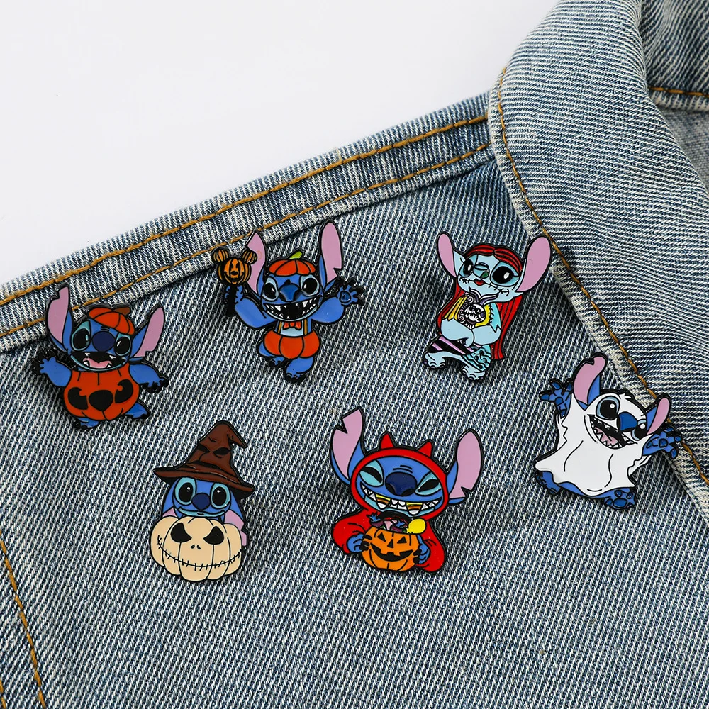 

New Disney Stitch Pumpkin Shape Pin Kawaii Cartoon Creative Metal Brooch Halloween Elements Bag Clothes Accessories Holiday Gift