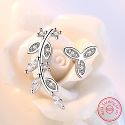 925 Sterling Silver Jewelry Fashion Leaf Crystal Zircon Stud Earrings For Woman New XY0254