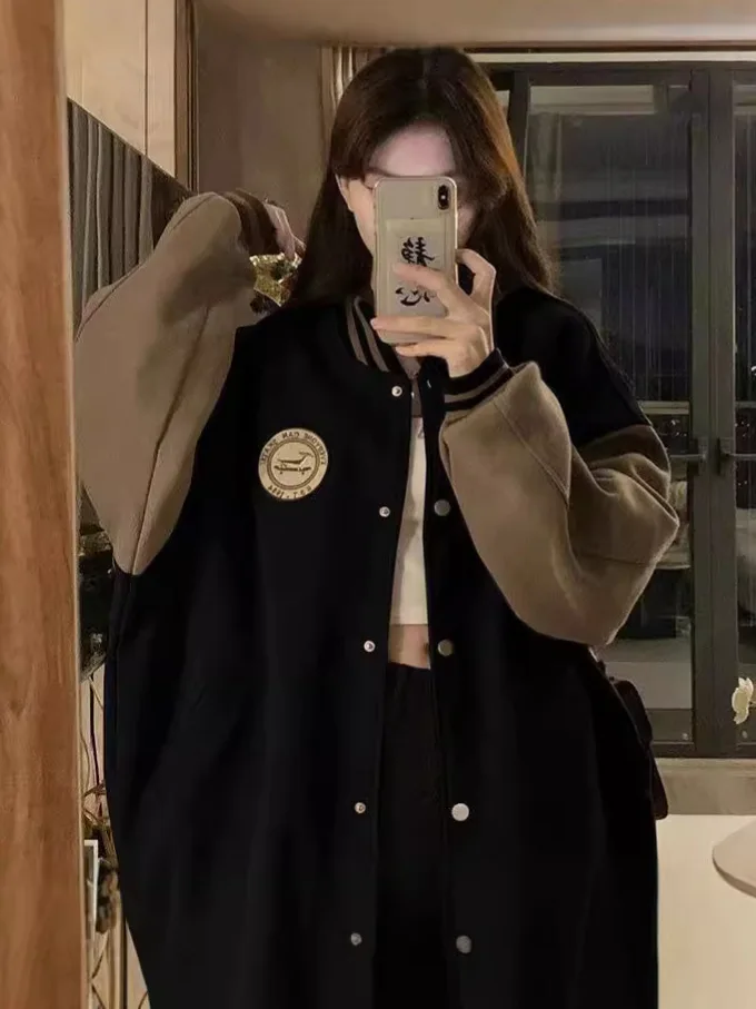 

Women's Fashion Trend Baseball Jacket Season Padded Thickened Retro Loose Casual Cardigan Sweatshirt