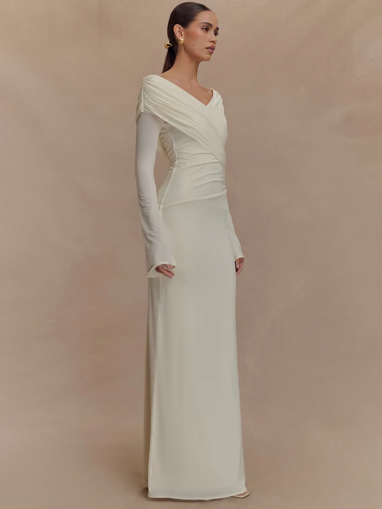 فستان ماكسي مثير للخريف بياقة على شكل V وأكمام طويلة من Mozision للنساء، فساتين طويلة أنيقة بخصر عالٍ مكشكشة #2