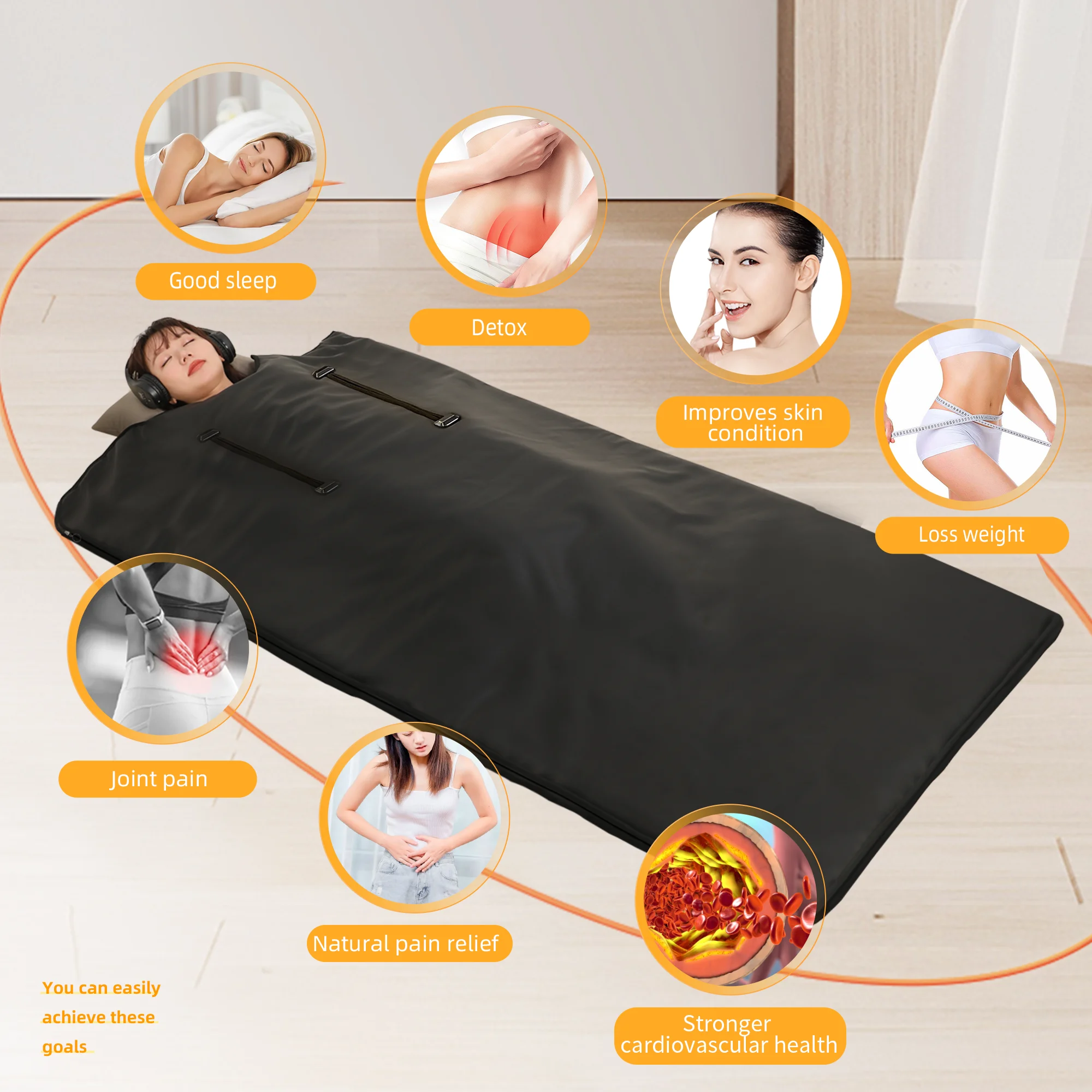 Far Infrared Zipper Sauna Blanket with Hand Hole 7-Layer Safety Home Detox Heating Pain Relief Red Light Therapy