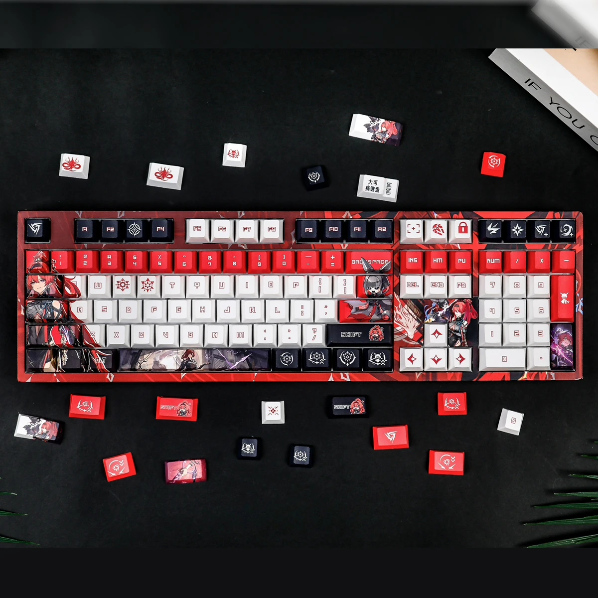 129 Keys/Set Wuthering Waves Yinlin Red Hair Girl PBT Keycaps for Cherry Profile MX Switch Mechanical Keyboard Game DIY Custom