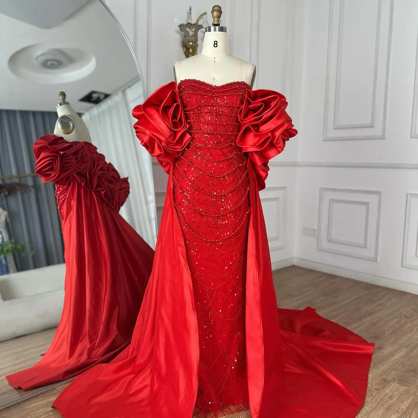 Serene Hill Customized Red Long Cape Pearls Beaded Mermaid Evening Dresses Gowns For Formal Occasion 2025 GLA72585A