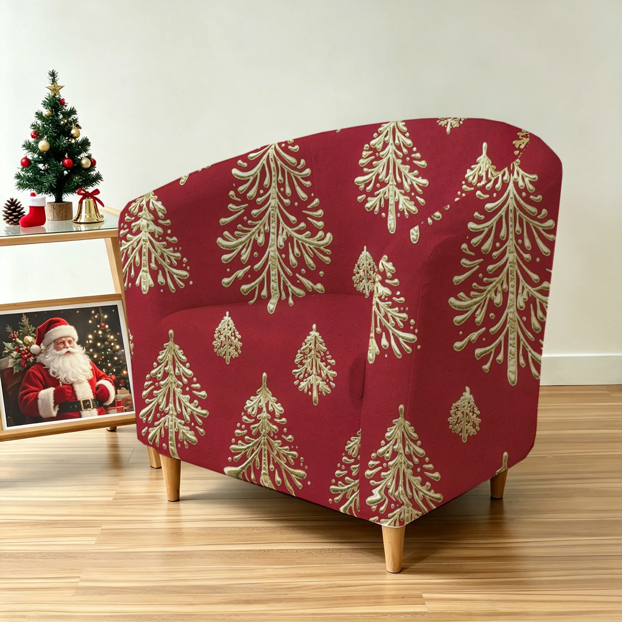 Luxury seamless pattern foil-look golden Christmas trees printed armrest sofa cover, 2D printed elastic single club sofa cover